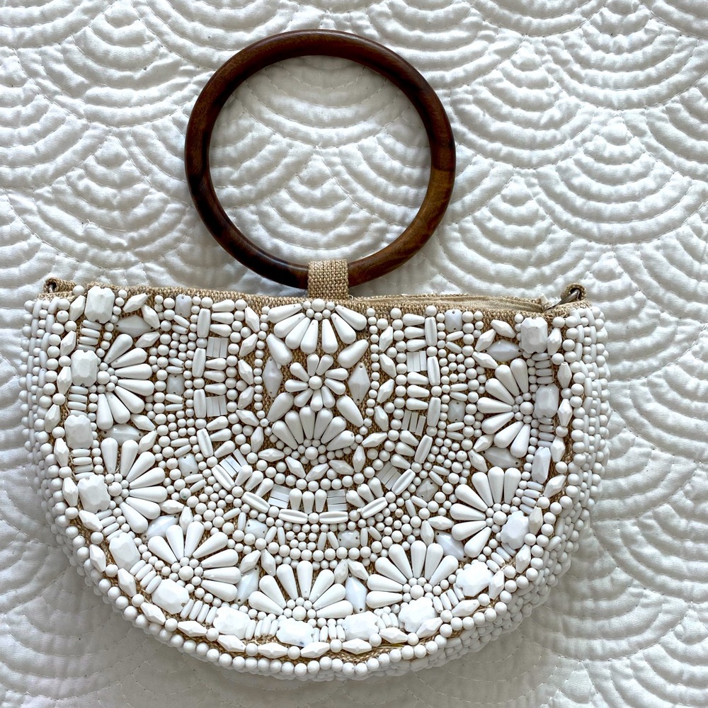 Zara White Beaded Half Moon Bag